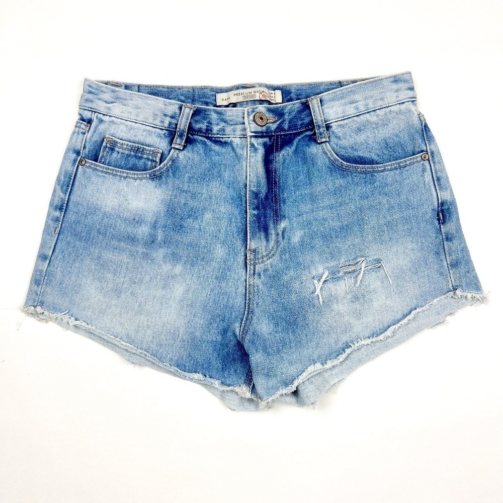 Zara Trafaluc Denim Jean Shorts Women's Size 6 Premium Wash Distressed Raw Hem